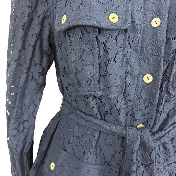 Marla Wynne Collection Navy Lace Sheer Sleeves Belted Button Up Top Blouse sz S - Picture 6 of 16